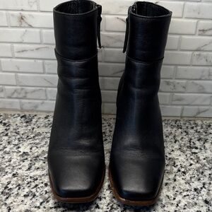 Patina Classic Black Leather Square-Toe Ankle Boot with Side Zip